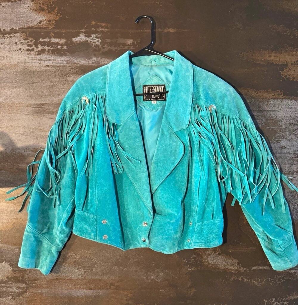 Outerbound vintage teal leather fringe jacket Medium